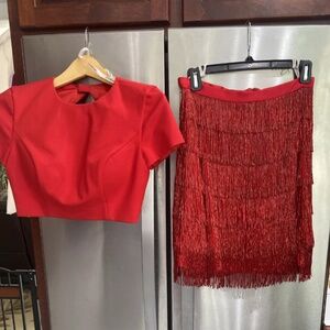 Sherri Hill size 4 red 2 pc crop top fringe skirt
